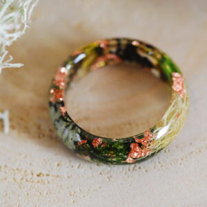 top view nature resin ring made with moss lichens and copper