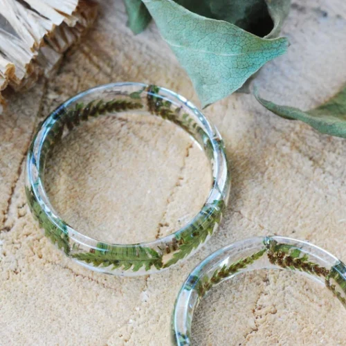 Delicate fern resin ring by Alpaca Blue – natural green leaf in clear dome design
