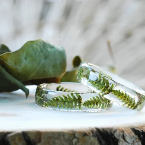 Handmade botanical jewelry ring with real fern preserved in eco resin