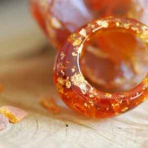 Top look at Statement and bold amber baltic ring with real 24k gold flakes in orange dyed resin.
