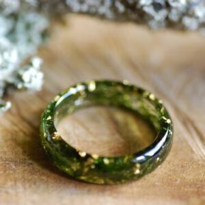deep green moss and gold sparkle resin ring
