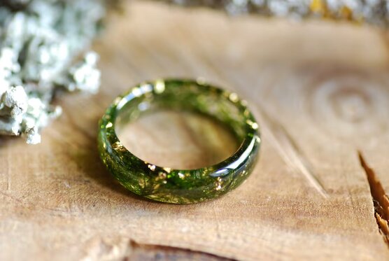 gold shine through moss leafs resin ring