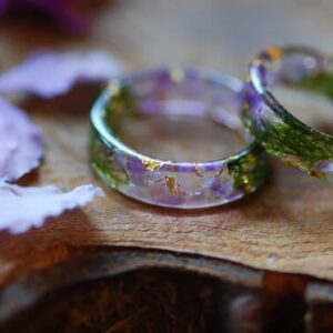 purple amethyst green moss and sparkling gold resin ring