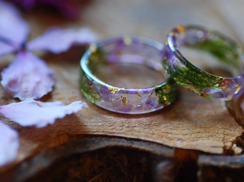 purple amethyst green moss and sparkling gold resin ring