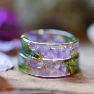 stacked amethyst and moss rings