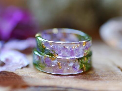 stacked amethyst and moss rings