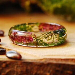 Botanical resin ring made with garnet and moss gold or silver flakes choice
