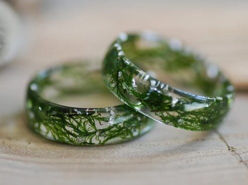 two forest resin rings made of real moss and pure silver