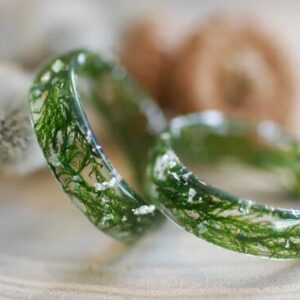 side view on fairy green forest moss resin rings