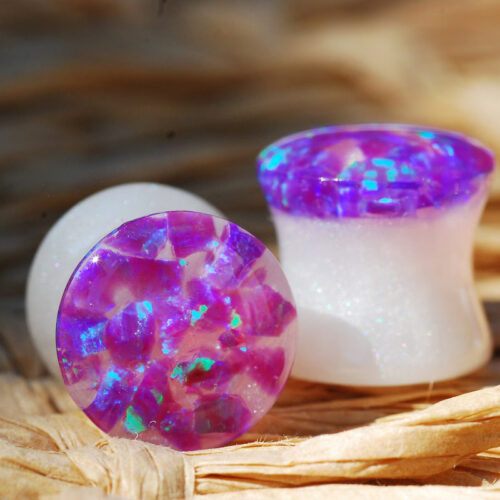 Front look at purple opal plugs