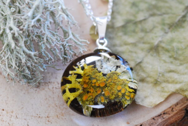 green forest lichen necklace on silver chain
