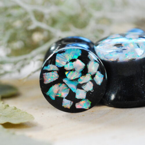 sparkling dark and white opal ear plugs