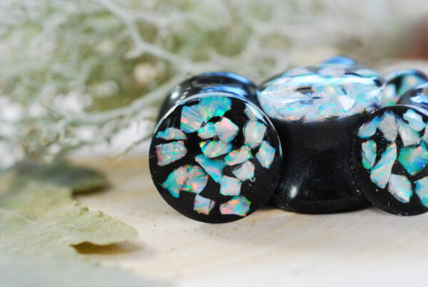 sparkling dark and white opal ear plugs