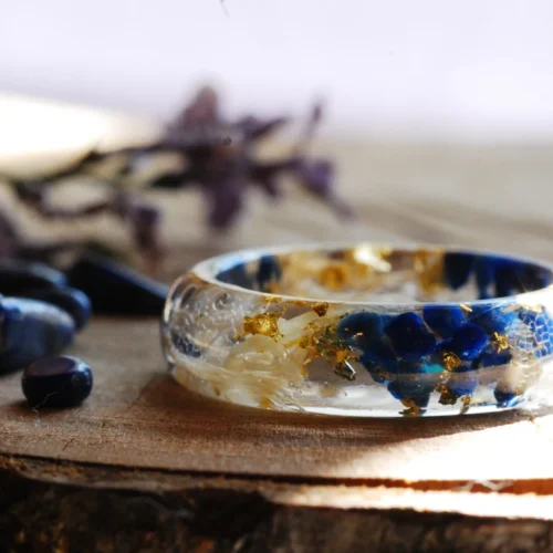 blue lapis white flowers and gold flakes ring