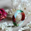 Dazzling White or Pink Fire Opal Ring with Red Rose Petals 2 fire opal Ring made of resin with pink or white opal, green moss, red roses and gold flakes