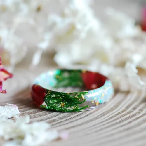 Ring made with green moss rose petals and white opal