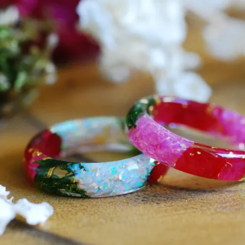 white opal and pink opal rings made with moss and rose flower