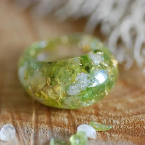 Large bubble form ring made of peridot and citrine gemstone with 24k gold flakes