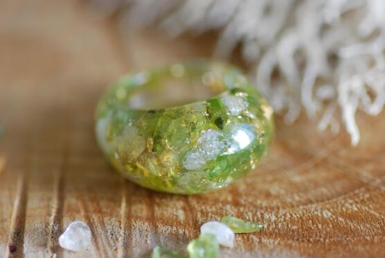 Large bubble form ring made of peridot and citrine gemstone with 24k gold flakes