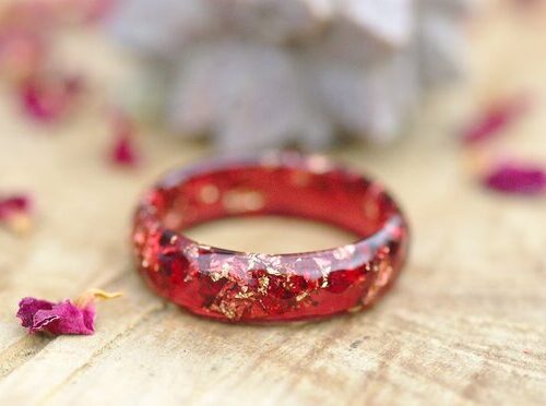 scarlet red translucent ring with gold