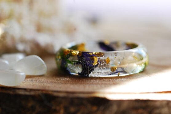 white moonstone ring with purple mallow and green moss