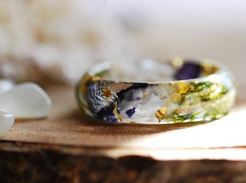 moonstone mallow moss and gold resin ring