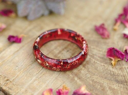 deep red and 24k gold flakes resin ring