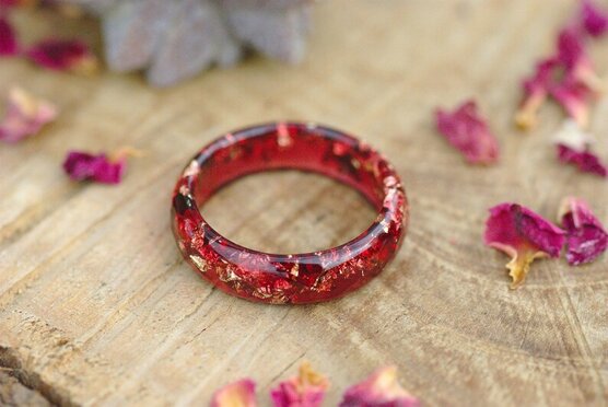 deep red and 24k gold flakes resin ring