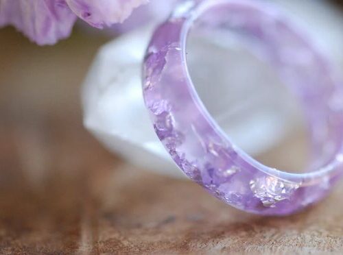 close up of lavender silver resin ring