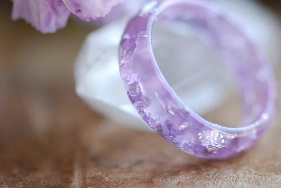 close up of lavender silver resin ring