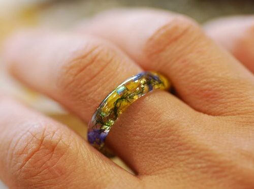 yellow blue summer floral resin ring on finger