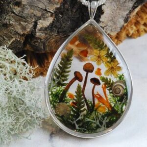 Magic Mushroom Silver Necklace made of forest elements and solid sterling frame pendant