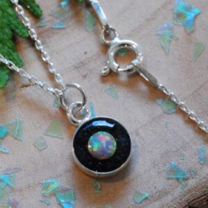 top look at tiny iridescent white opal sterling silver necklace