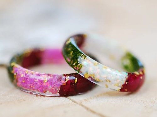 white opal and pink opal rings made with moss and rose flower