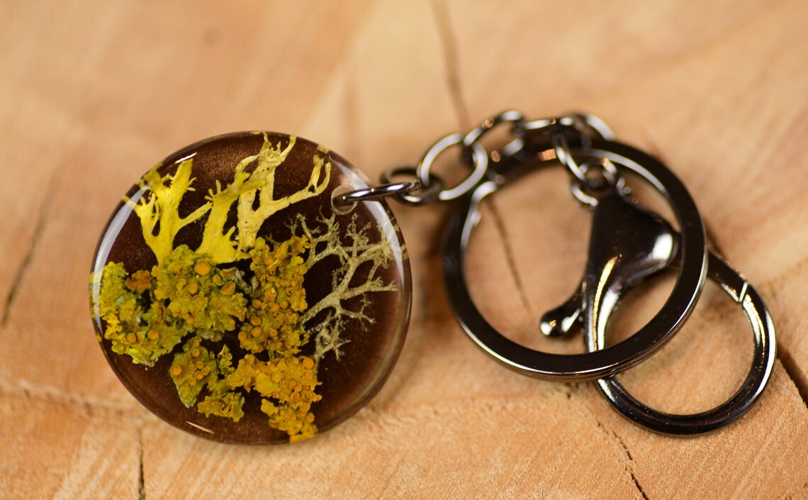 yellow and orange lichen forest keychain