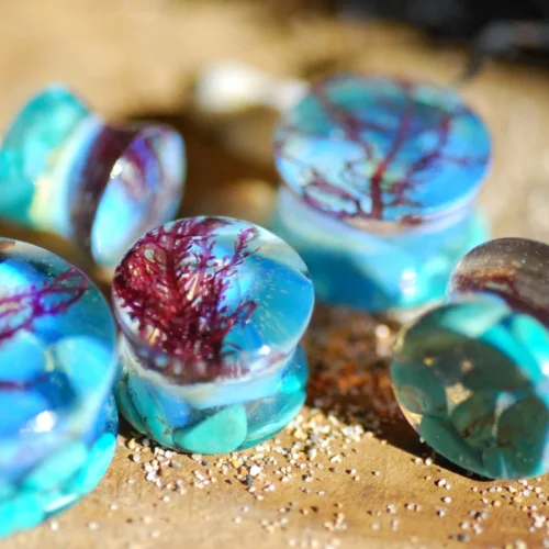 fantastic turquoise ocean with algae and opalite ear gauges