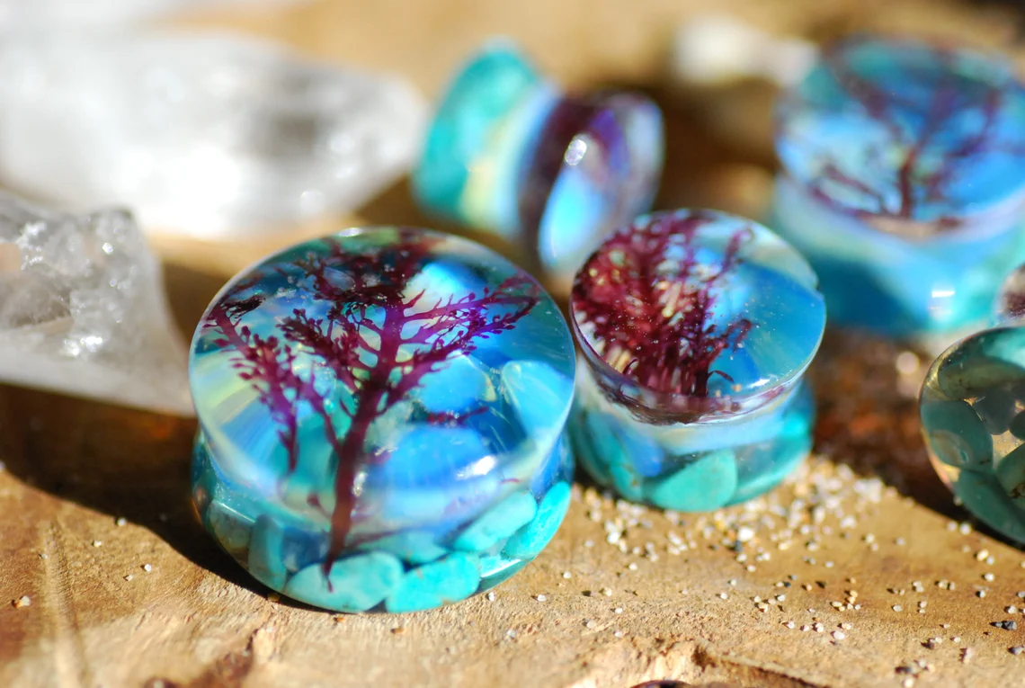 marine turquoise with opalite and algae ear gauges