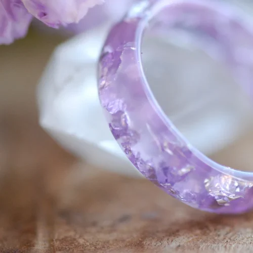 close up of lavender silver resin ring
