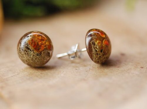 Forest Lichen Stud Earrings made of resin with silver post 