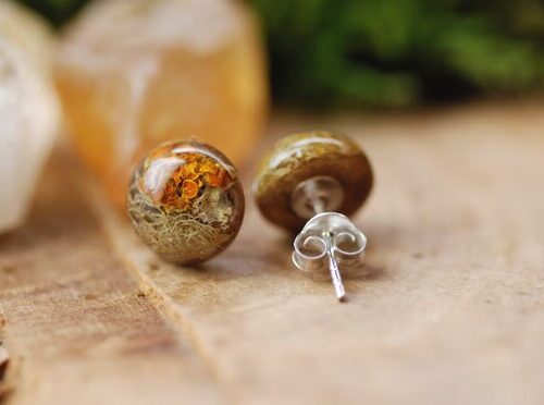 Forest Lichen Stud Earrings made of resin with silver post 