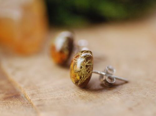 Forest Lichen Stud Earrings made of resin with silver post 