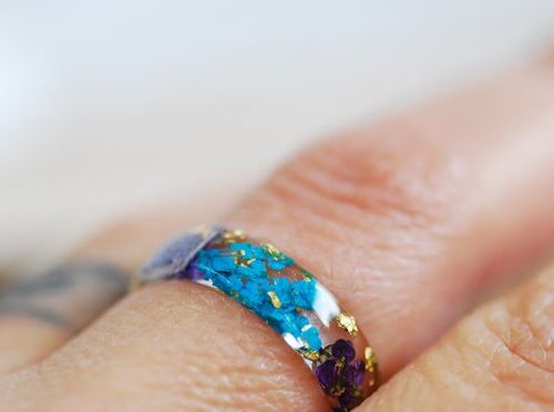 Flower resin ring with blue and purple petals with gold flakes