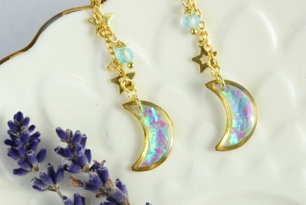 Iridescent Moon dangle gold earrings with stars and faceted topaz