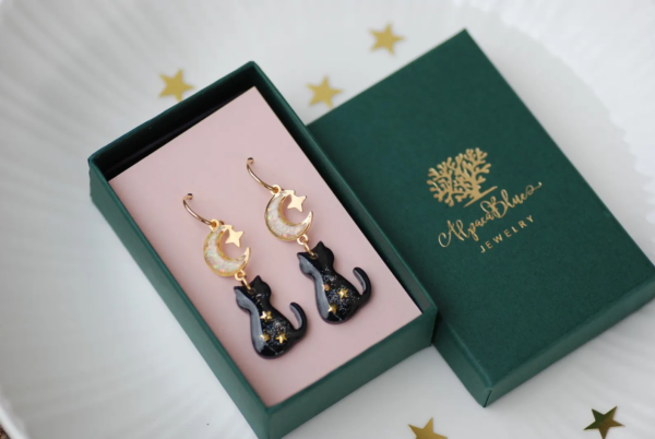 Black Cat Dangle Earrings with Opal Moon and Star