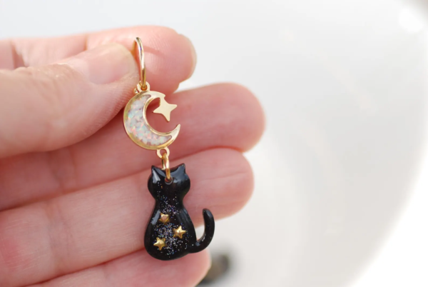 Black Cat Dangle Earrings with Opal Moon and Star - Image 5