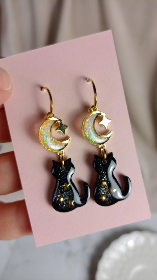 Black Cat Dangle Earrings with Opal Moon and Star - Image 4