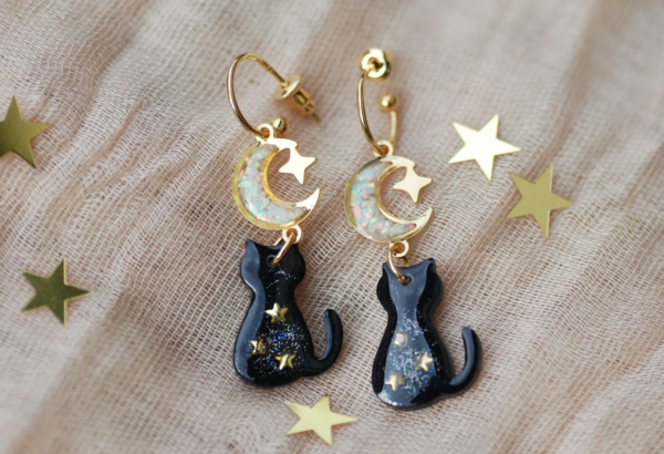 Black Cat Dangle Earrings with Opal Moon and Star - Image 2