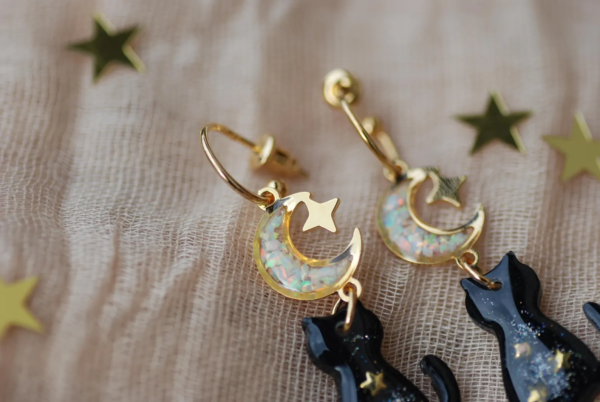 Black Cat Dangle Earrings with Opal Moon and Star - Image 3