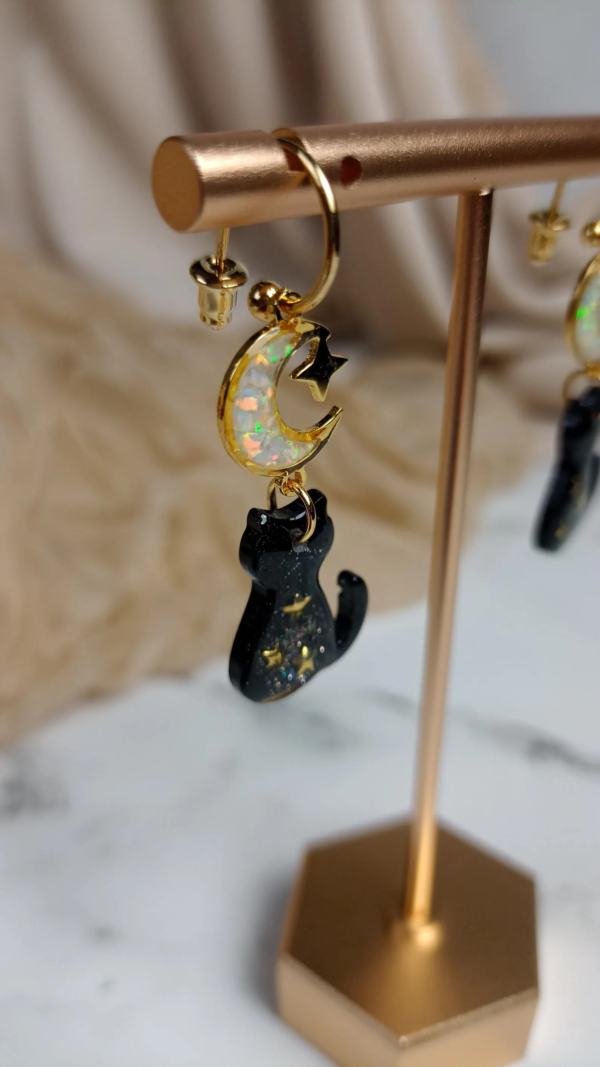 Black Cat Dangle Earrings with Opal Moon and Star - Image 6