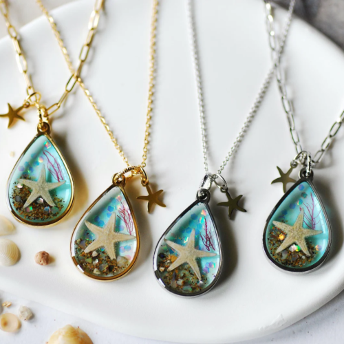 Ocean Teardrop Necklace with Real Starfish, Blue Summer Pendant for Women